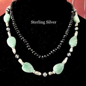 NECKLACE STACKING SET BLACK GREEN CRYSTAL BEAD NECKLACE STERLING SILVER